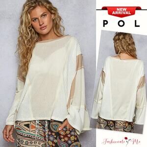 POL Contrast Round Neck Multi Texture Long Sleeves Relaxed Fit T-Shirt | Cream